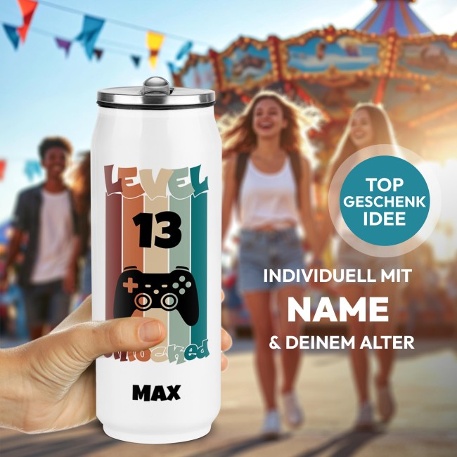 Cola-Dose - Gamer Level Unlocked - mit Name &amp; Zahl - Wei&szlig; 420 ml