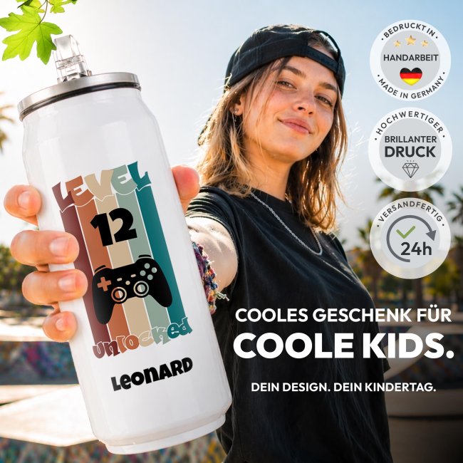 Cola-Dose - Gamer Level Unlocked - mit Name &amp; Zahl - Wei&szlig; 420 ml