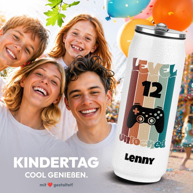Cola-Dose - Gamer Level Unlocked - mit Name &amp; Zahl - Wei&szlig; 420 ml