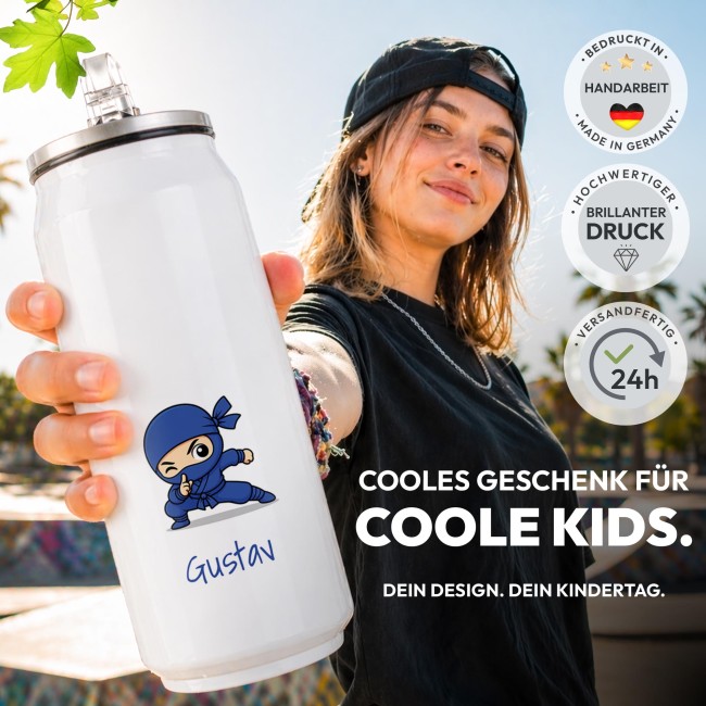 Cola-Dose - Ninja Junge Blau - mit Name - Wei&szlig; 420 ml