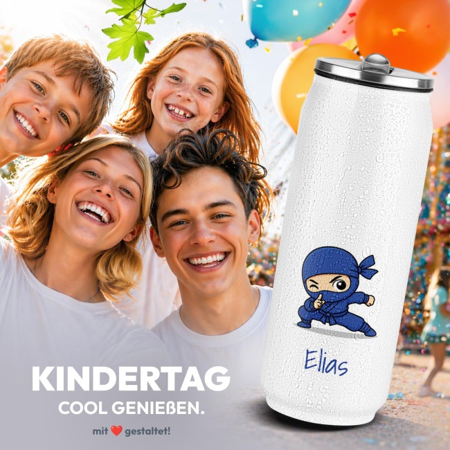 Cola-Dose - Ninja Junge Blau - mit Name - Wei&szlig; 420 ml