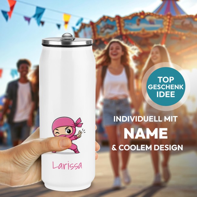 Cola-Dose - Ninja M&auml;dchen Pink - mit Name - Wei&szlig; 420 ml