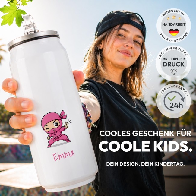 Cola-Dose - Ninja M&auml;dchen Pink - mit Name - Wei&szlig; 420 ml