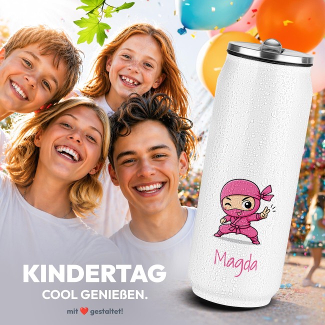 Cola-Dose - Ninja M&auml;dchen Pink - mit Name - Wei&szlig; 420 ml
