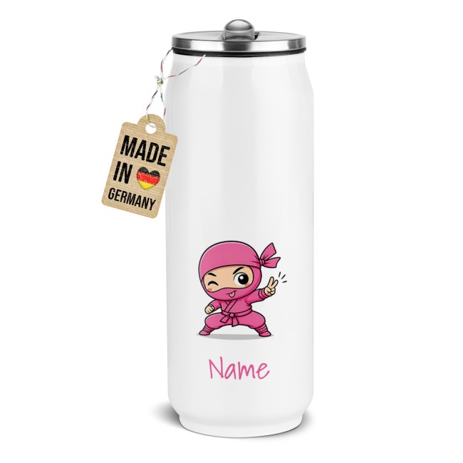 Cola-Dose - Ninja M&auml;dchen Pink - mit Name - Wei&szlig; 420 ml
