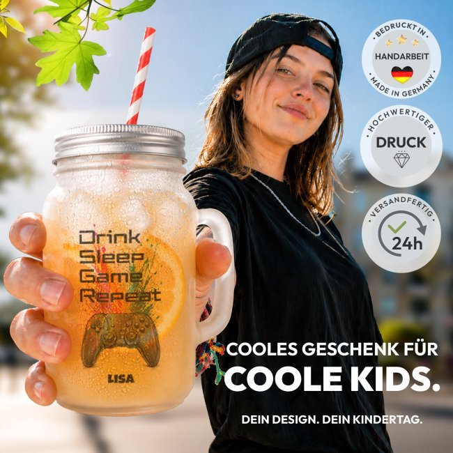 Personalisiertes Trinkglas mit Strohhalm - mit Name - Drink, Sleep, Game, Repeat - Glas satiniert
