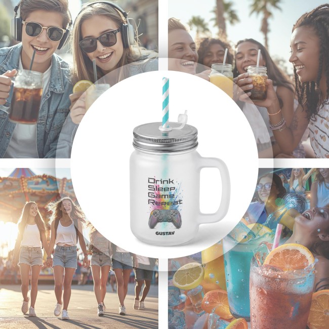 Personalisiertes Trinkglas mit Strohhalm - mit Name - Drink, Sleep, Game, Repeat - Glas satiniert