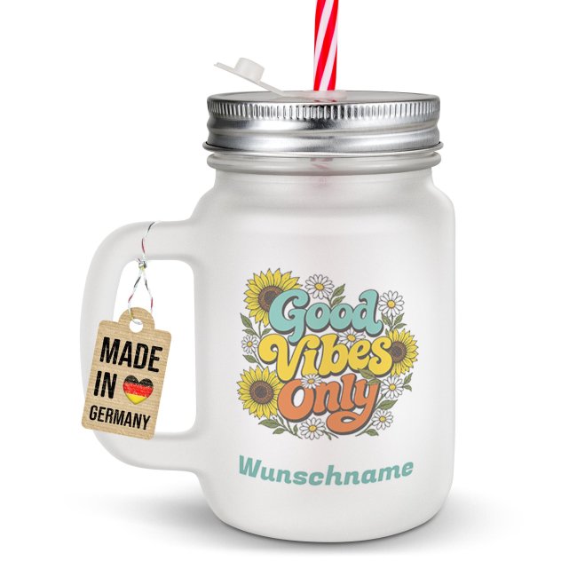 Personalisiertes Trinkglas mit Strohhalm - mit Name - Good Vibes Only - Glas satiniert
