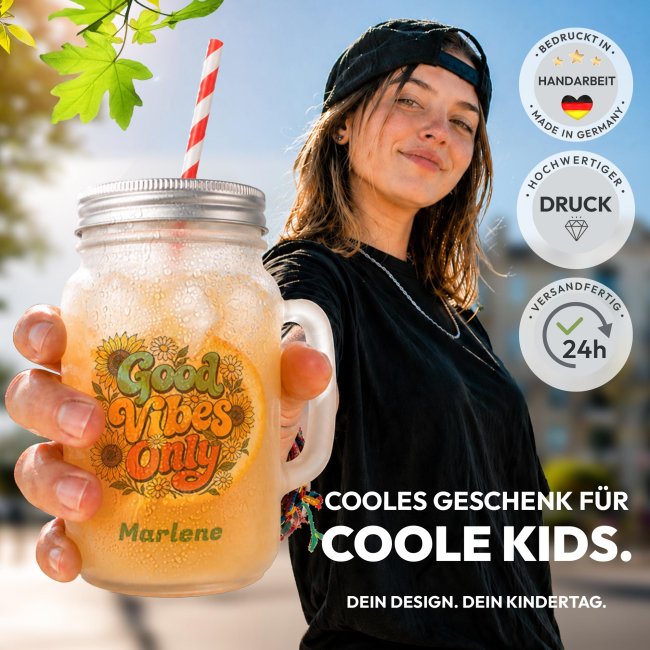 Personalisiertes Trinkglas mit Strohhalm - mit Name - Good Vibes Only - Glas satiniert