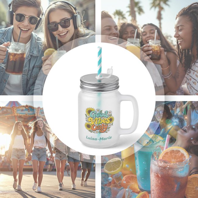 Personalisiertes Trinkglas mit Strohhalm - mit Name - Good Vibes Only - Glas satiniert