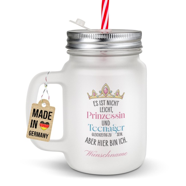 Personalisiertes Trinkglas mit Strohhalm - mit Name - Prinzessin - Glas satiniert