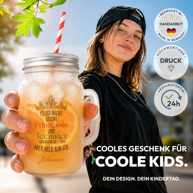 Personalisiertes Trinkglas mit Strohhalm - mit Name - Prinzessin - Glas satiniert