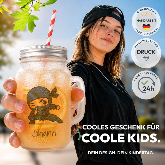 Personalisiertes Trinkglas mit Strohhalm - mit Name - Ninja Junge blau - Glas satiniert