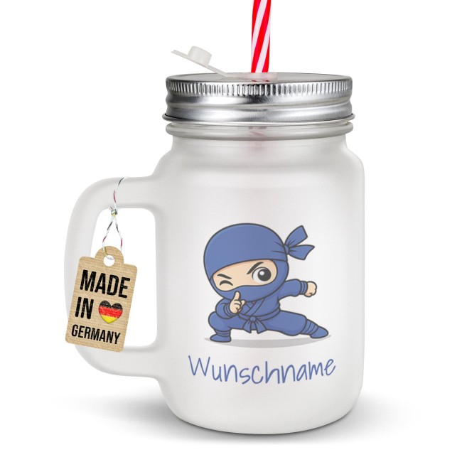 Personalisiertes Trinkglas mit Strohhalm - mit Name - Ninja Junge blau - Glas satiniert