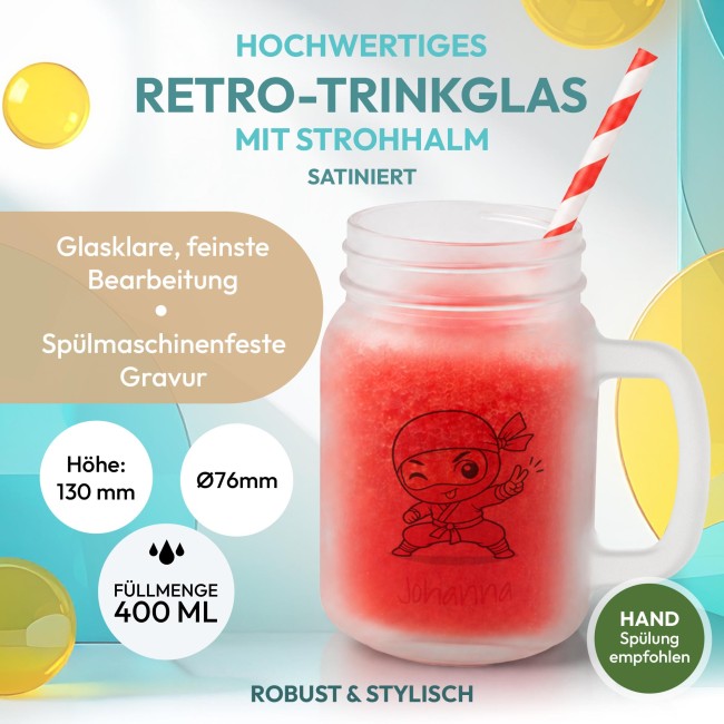 Personalisiertes Trinkglas mit Strohhalm - mit Name - Ninja M&auml;dchen pink - Glas satiniert