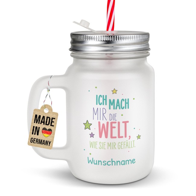 Personalisiertes Trinkglas mit Strohhalm - mit Name - Ich mach mir die Welt - Glas satiniert