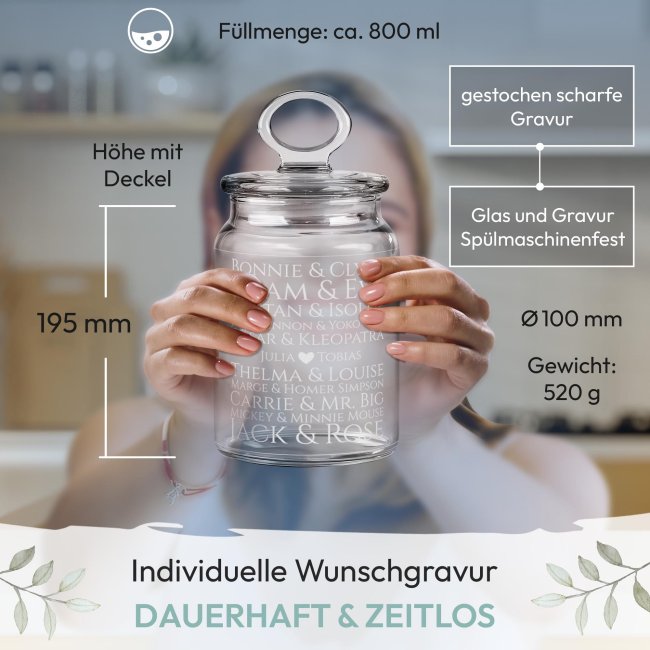 Vorratsdose aus Glas mit Namen graviert - Ber&uuml;hmte Paare - 800 ml