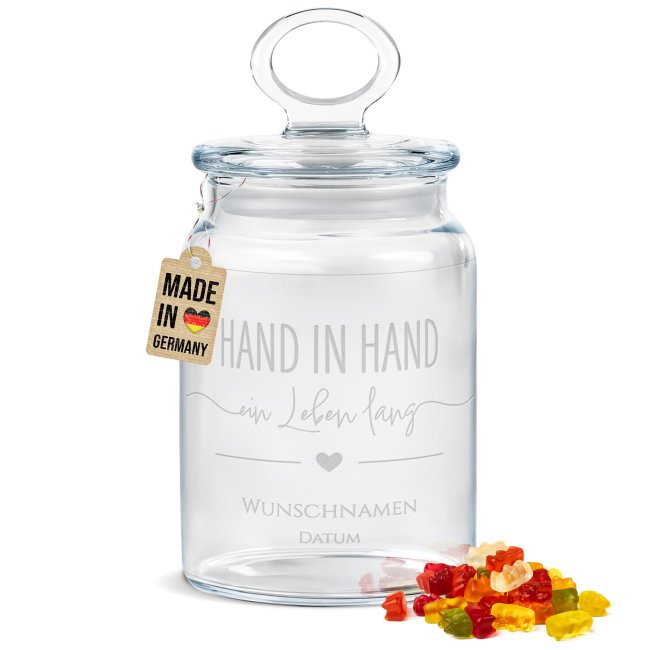 Vorratsdose aus Glas mit Namen &amp; Datum graviert - Hand in Hand - 800 ml