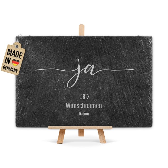 Personalisierte Schieferplatte mit Gravur zur Hochzeit - JA - mit Namen und Datum - 20 x 30 cm mit Staffelei