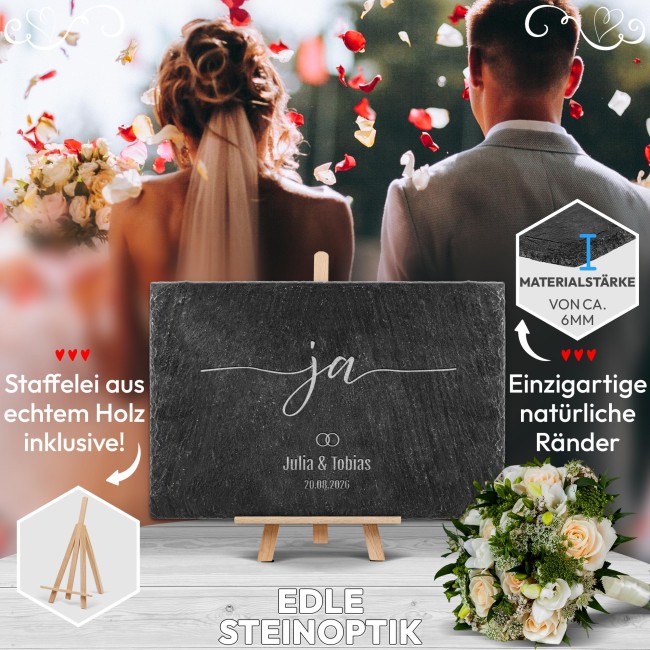 Personalisierte Schieferplatte mit Gravur zur Hochzeit - JA - mit Namen und Datum - 20 x 30 cm mit Staffelei