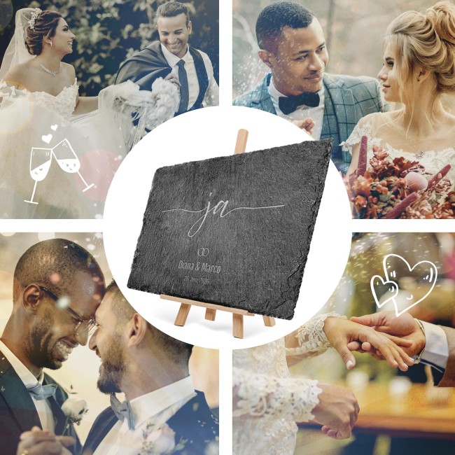Personalisierte Schieferplatte mit Gravur zur Hochzeit - JA - mit Namen und Datum - 20 x 30 cm mit Staffelei