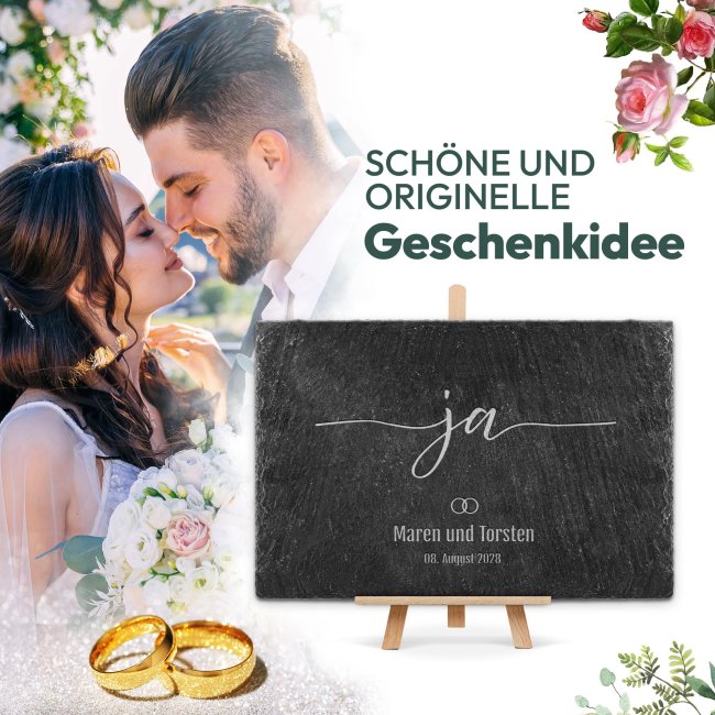 Personalisierte Schieferplatte mit Gravur zur Hochzeit - JA - mit Namen und Datum - 20 x 30 cm mit Staffelei