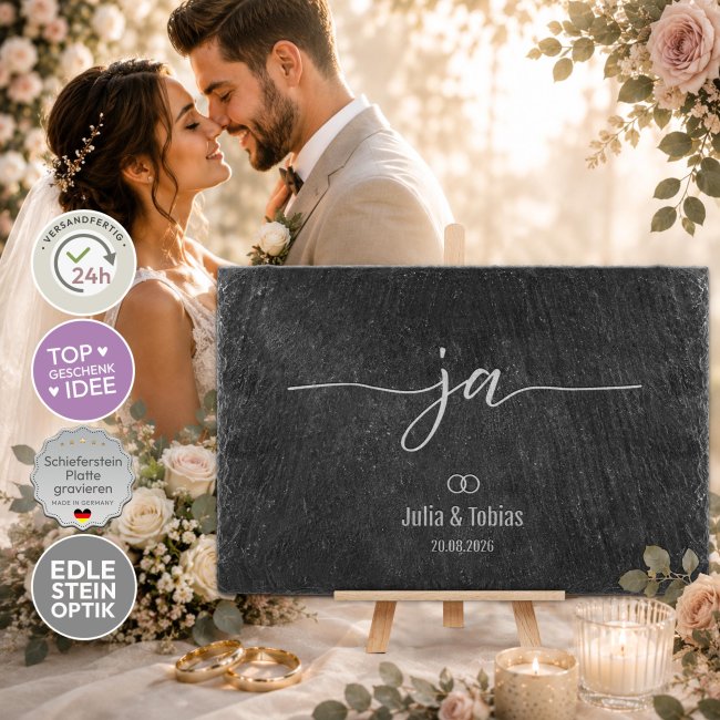 Personalisierte Schieferplatte mit Gravur zur Hochzeit - JA - mit Namen und Datum - 20 x 30 cm mit Staffelei