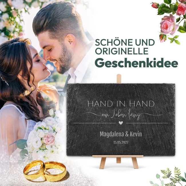 Personalisierte Schieferplatte mit Gravur zur Hochzeit - Hand in Hand - mit Namen und Datum - 20 x 30 cm mit Staffelei