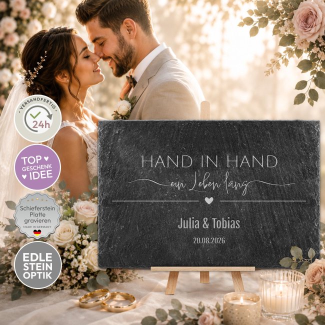 Personalisierte Schieferplatte mit Gravur zur Hochzeit - Hand in Hand - mit Namen und Datum - 20 x 30 cm mit Staffelei