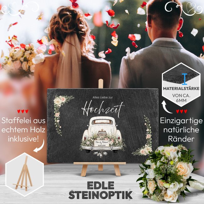 Personalisierte Schieferplatte zur Hochzeit - Alles Liebe zur Hochzeit - mit Namen und Datum - 20 x 30 cm mit Staffelei