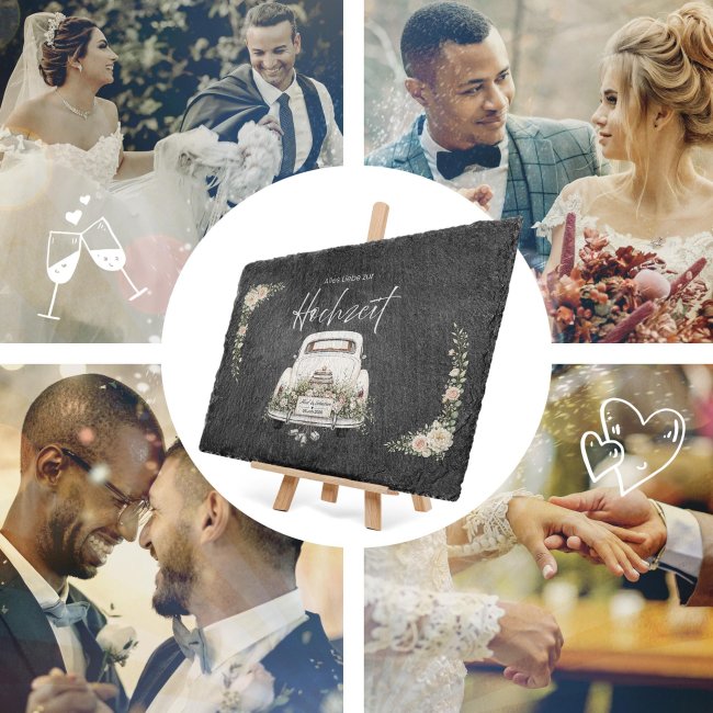 Personalisierte Schieferplatte zur Hochzeit - Alles Liebe zur Hochzeit - mit Namen und Datum - 20 x 30 cm mit Staffelei