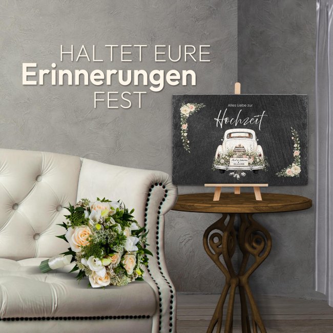 Personalisierte Schieferplatte zur Hochzeit - Alles Liebe zur Hochzeit - mit Namen und Datum - 20 x 30 cm mit Staffelei