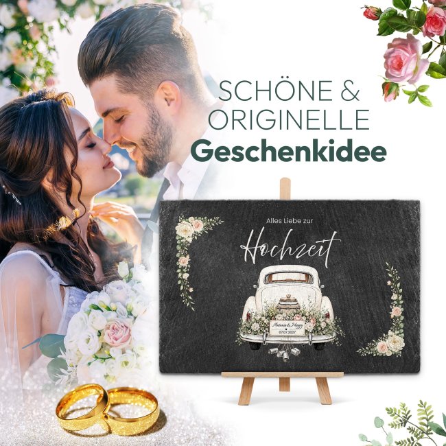 Personalisierte Schieferplatte zur Hochzeit - Alles Liebe zur Hochzeit - mit Namen und Datum - 20 x 30 cm mit Staffelei
