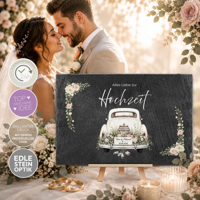 Personalisierte Schieferplatte zur Hochzeit - Alles Liebe zur Hochzeit - mit Namen und Datum - 20 x 30 cm mit Staffelei