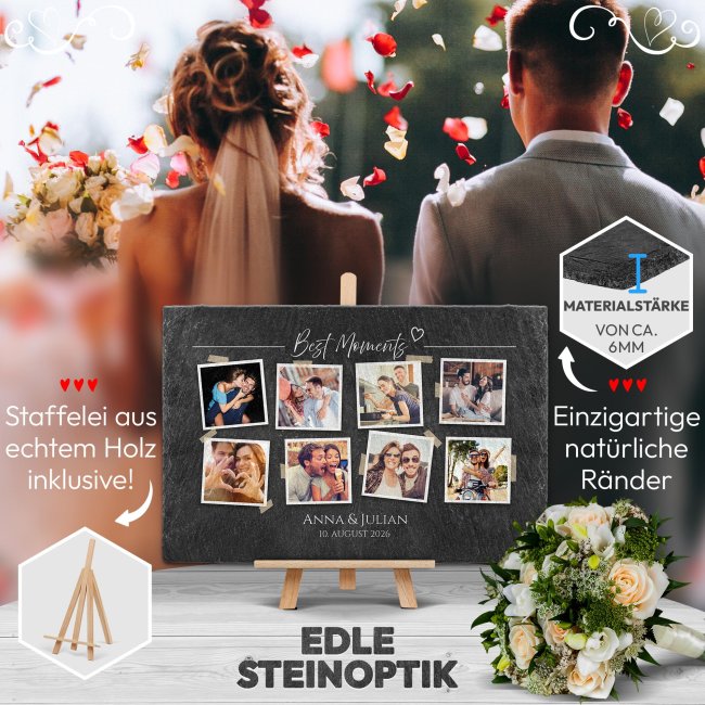Personalisierte Schieferplatte zur Hochzeit - Best Moments - mit 8 Fotos, Namen und Datum - 20 x 30 cm mit Staffelei