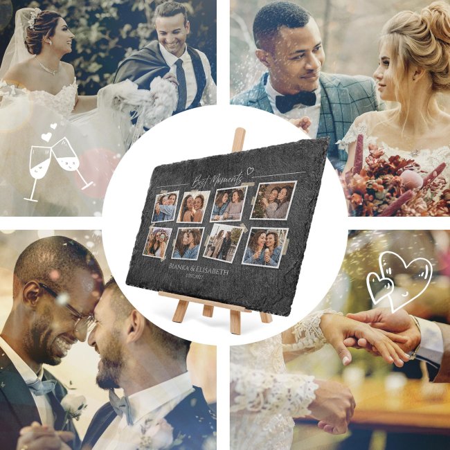 Personalisierte Schieferplatte zur Hochzeit - Best Moments - mit 8 Fotos, Namen und Datum - 20 x 30 cm mit Staffelei