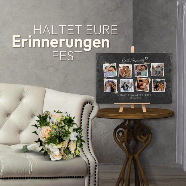 Personalisierte Schieferplatte zur Hochzeit - Best Moments - mit 8 Fotos, Namen und Datum - 20 x 30 cm mit Staffelei