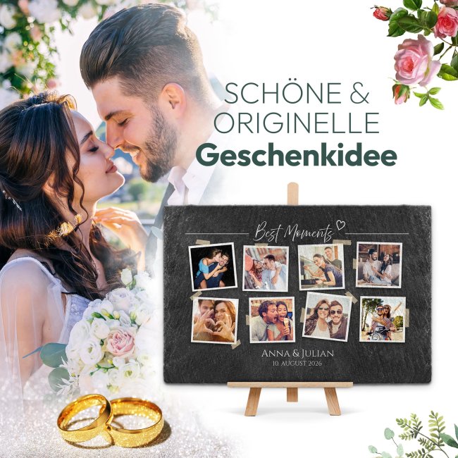 Personalisierte Schieferplatte zur Hochzeit - Best Moments - mit 8 Fotos, Namen und Datum - 20 x 30 cm mit Staffelei