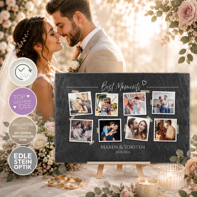 Personalisierte Schieferplatte zur Hochzeit - Best Moments - mit 8 Fotos, Namen und Datum - 20 x 30 cm mit Staffelei