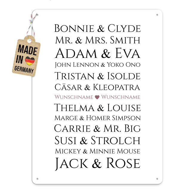Blechschild zur Hochzeit - Ber&uuml;hmte Paare - mit Namen - 2 verschiedene Gr&ouml;&szlig;en im Hochformat