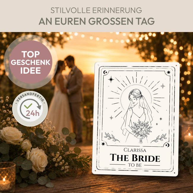 Blechschild f&uuml;r die Braut - Bride to be - mit Name - 2 verschiedene Gr&ouml;&szlig;en im Hochformat