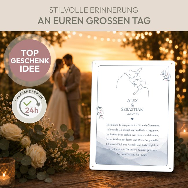 Blechschild zur Hochzeit - Ehegel&uuml;bde - mit Wunschtext, Namen &amp; Datum - 2 verschiedene Gr&ouml;&szlig;en im Hochformat