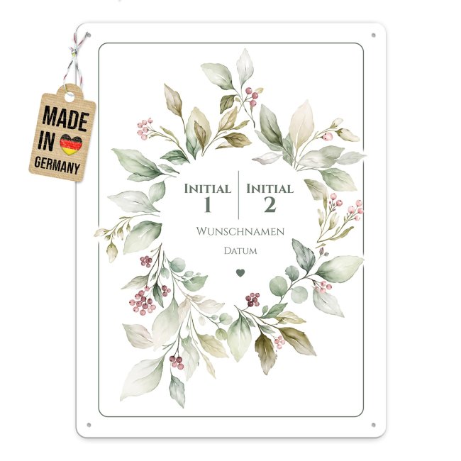 Blechschild zur Hochzeit - Kranz - mit Initialen, Namen &amp; Datum - 2 verschiedene Gr&ouml;&szlig;en im Hochformat
