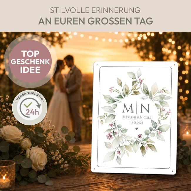 Blechschild zur Hochzeit - Kranz - mit Initialen, Namen &amp; Datum - 2 verschiedene Gr&ouml;&szlig;en im Hochformat