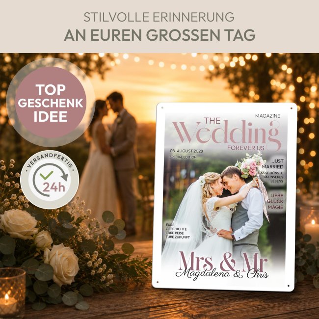 Blechschild zur Hochzeit - Magazin Mrs. &amp; Mr. - mit Foto, Namen &amp; Datum - 2 verschiedene Gr&ouml;&szlig;en im Hochformat