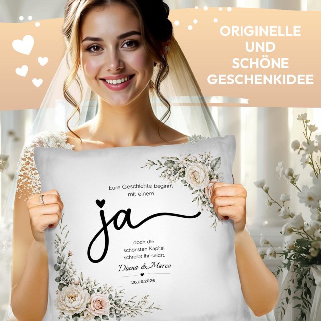Personalisiertes Kissen zur Hochzeit - Ja - Eure Geschichte beginnt - mit Namen &amp; Datum - verschiedene Farben
