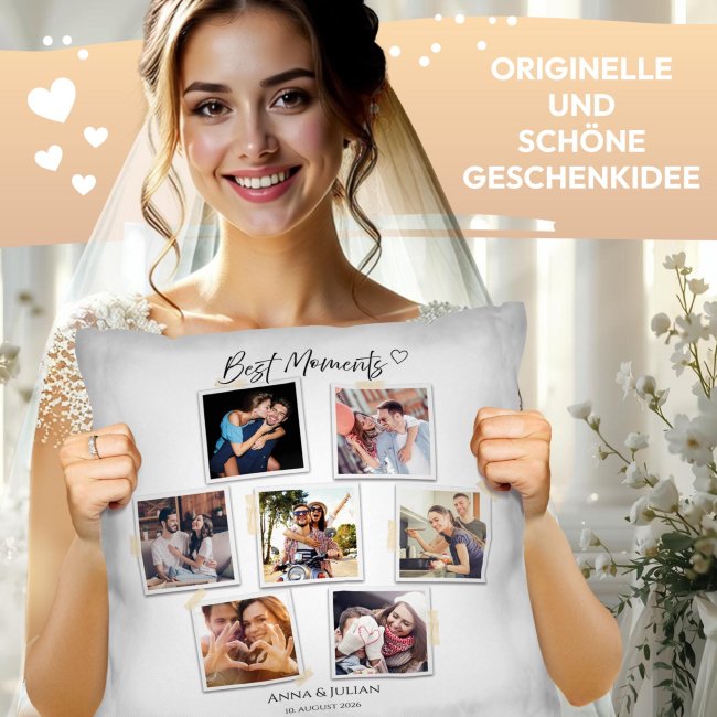 Personalisiertes Kissen zur Hochzeit - Best Moments - mit 7 Fotos, Namen &amp; Datum - verschiedene Farben