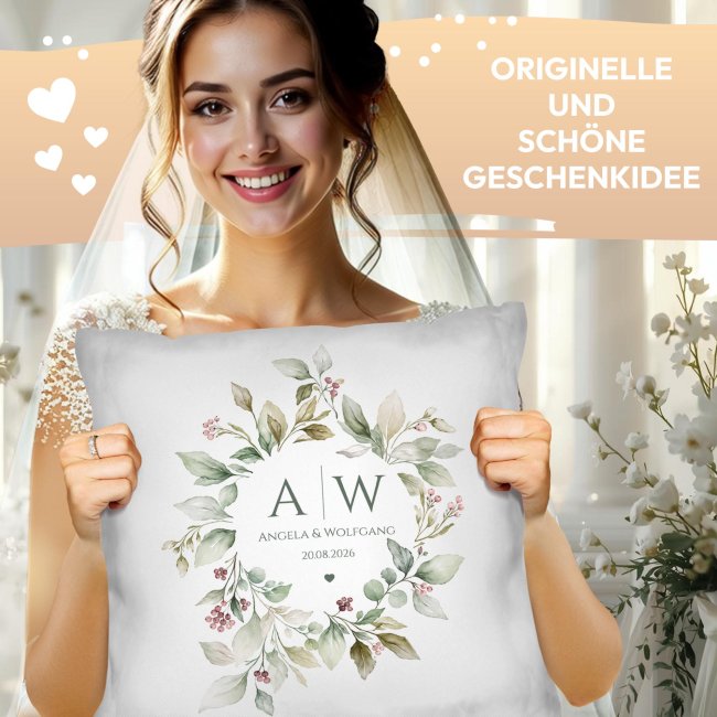 Personalisiertes Kissen zur Hochzeit - Kranz - mit Initialen, Namen &amp; Datum - verschiedene Farben