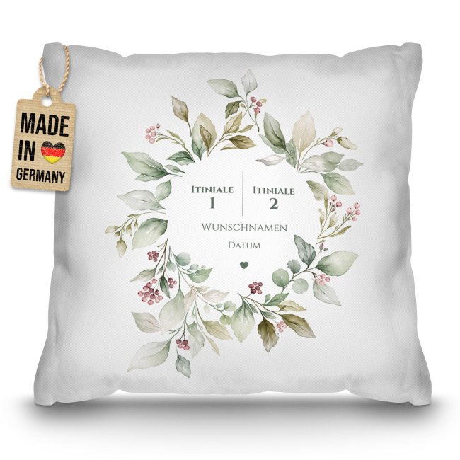 Personalisiertes Kissen zur Hochzeit - Kranz - mit Initialen, Namen &amp; Datum - verschiedene Farben