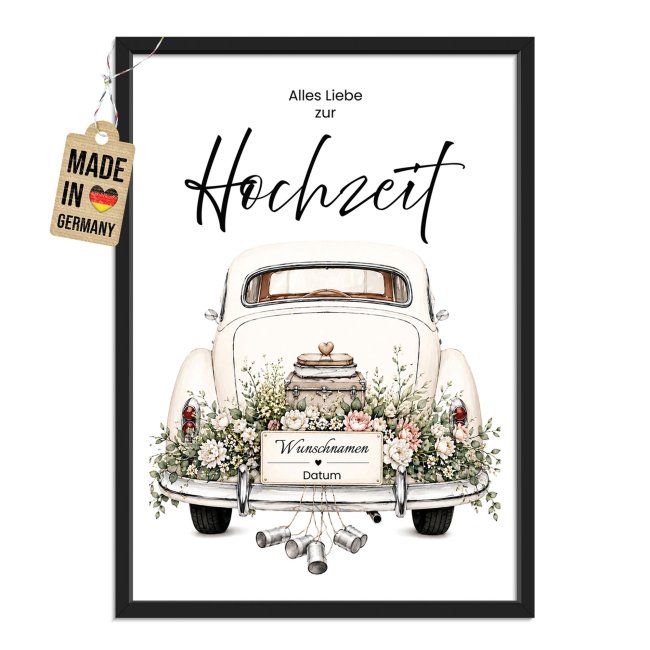 Fotodruck mit Bilderrahmen zur Hochzeit - Auto - Namen &amp; Datum - in 2 Gr&ouml;&szlig;en